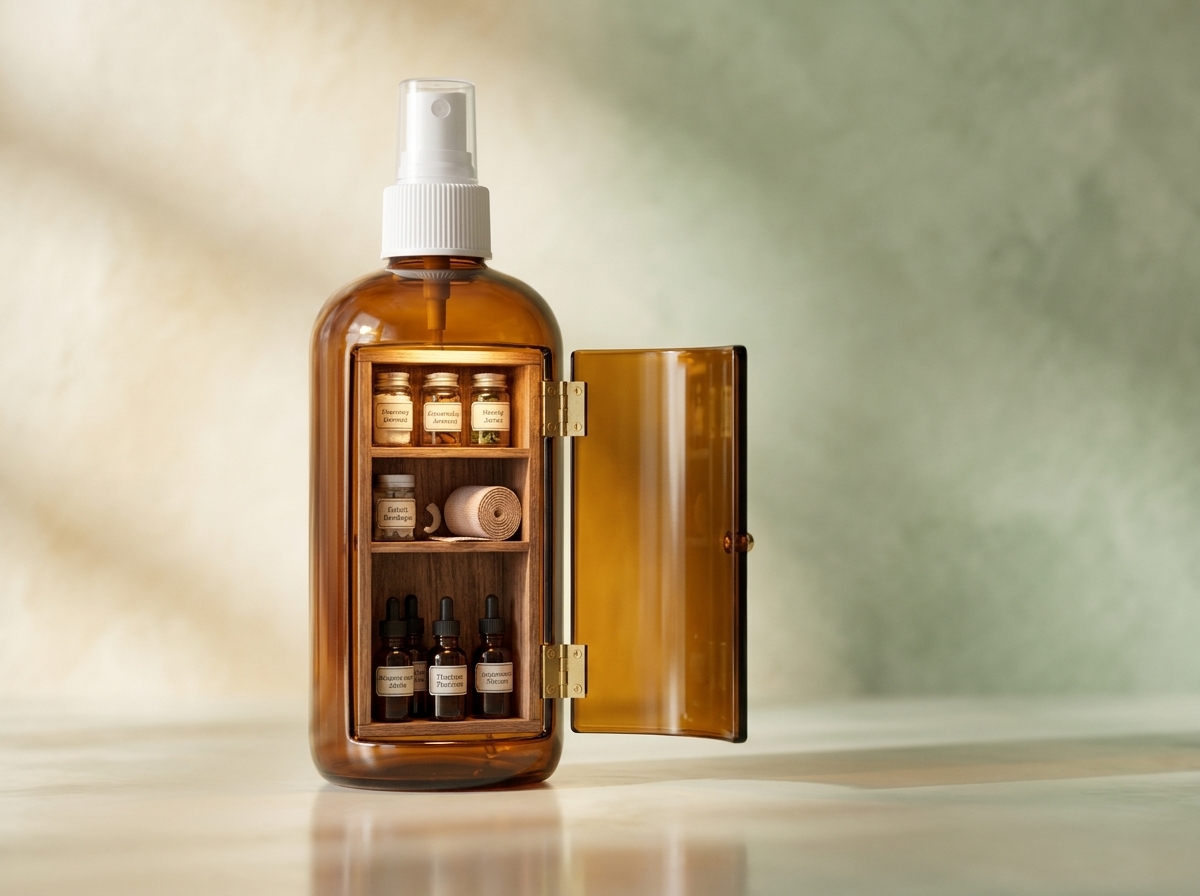 A Schweitzer Formula bottle with its everyday uses arranged around it
